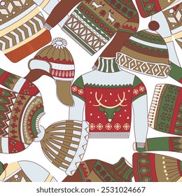 Seamless pattern featuring winter sweaters, hats, and mittens with festive designs in green and red colors, vector illustration. Ideal for wrapping paper, fabric, and holiday-themed projects.