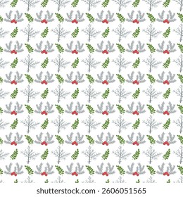 	Seamless pattern featuring winter-themed elements including holly berries, pine branches, and elegant foliage, creating a festive and decorative design for seasonal and Christmas-related projects.