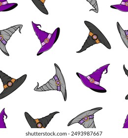 A seamless pattern featuring a witch's hat, designed for a Halloween theme. The pattern is printed on a white background.