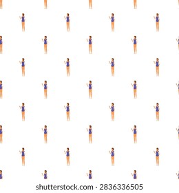 Seamless pattern featuring a woman wearing a blue one piece swimsuit and orange bottoms