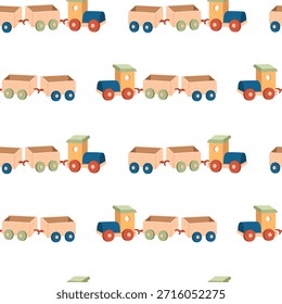 Patrón sin fisuras con un tren de juguete de madera con vagones sobre un fondo claro. Diseño de repetición para textiles para niños, Fondos de pantalla, papel de embalaje, embalaje y decoración de vivero.