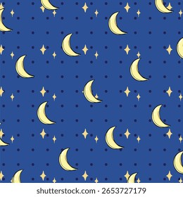um padrão sem costura com luas e estrelas amarelas crescente em um fundo azul escuro, reminiscente de um tema de céu noturno.