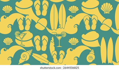 A seamless pattern featuring yellow flip-flops, surfboards, seashells, waves, cocktails on a teal background, evoking a summer beach vibe.