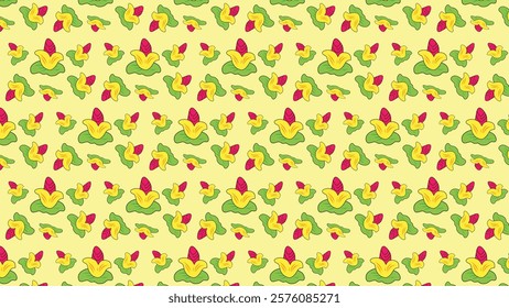 Seamless pattern featuring yellow flowers and green leaves, complemented by vibrant pink accents, on a light yellow background. Ideal for designs requiring cheerful and botanical themes.