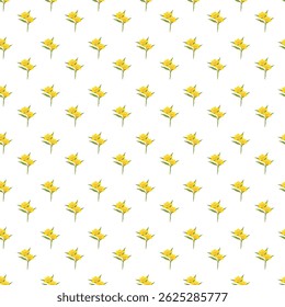 Un patrón sin fisuras con flores amarillas con subgrupos verdes sobre un fondo blanco, ideal para proyectos de temática primaveral, envolturas de regalo y diseño de interiores.	