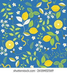 padrão sem costura com limões amarelos, folhas verdes e flores brancas. Perfeito para desenhos com temas de verão em fundo azul escuro.