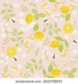 padrão sem costura com limões amarelos, folhas verdes e flores brancas. Perfeito para projetos com tema de verão em fundo rosa claro.