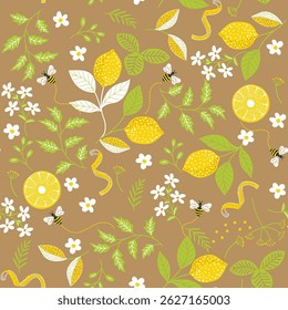 seamless pattern featuring yellow lemons, green leaves, and white flowers. Perfect for summer-themed designs on brown background.