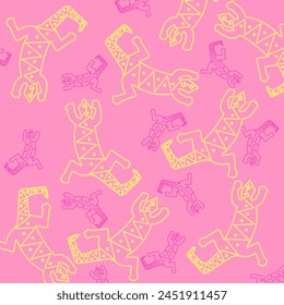 Seamless pattern featuring yellow outlined lizards with zig-zag dotted lines on a pink backdrop. Larger yellow lizards alternate with smaller dark pink ones, creating a playful and vibrant design