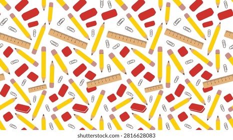 Seamless pattern featuring yellow pencils red erasers and rulers on transparent grid background school supplies design.