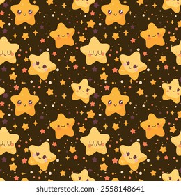 A seamless pattern featuring yellow stars with cute faces on a dark background. There are also smaller white and pink stars and dots scattered throughout the design.