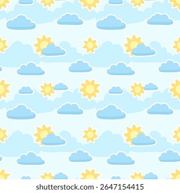 Seamless pattern featuring yellow suns and fluffy blue clouds on a light blue background