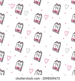 Seamless pattern of February 14 calendars on a white background. Use on Valentines Day on textiles, wrapping paper, backgrounds, souvenirs. Vector