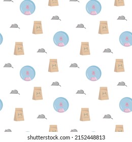 Seamless pattern with feeder, cat food and mouse. vector illustration. for a pet shop