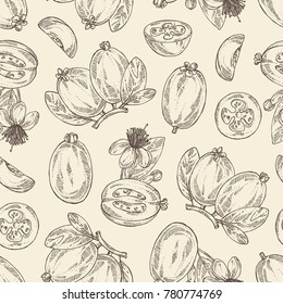 Seamless pattern with feijoa fruit, leaves and feijoa slice. Vector hand drawn illustration.