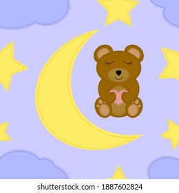Seamless pattern. Felt toys. Cute bear, moon with stars, cloud. Illustration of simple toys.