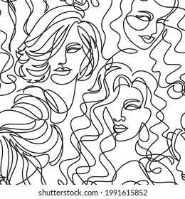 Seamless pattern with femail hairstyles. Woman face background. Vector illustration, line art, continuous line, minimalism, black and white. Wallpaper, texture, print for textile, fabric, packaging