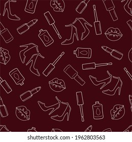 Seamless pattern of female accessories. Lipstick, women high heels, lips, nail polish. Burgundy background. Vector.