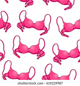 Seamless pattern of a female bra of pink color on a white background. Hand drawing. Vector illustration.