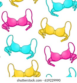 Seamless pattern of a female bra of pink, yellow and turquoise color on a white background. Hand drawing. Vector illustration.