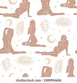 Seamless pattern with female characters body silhouettes ,mystic occult moon eclipse wit palm leaves. Flat art celestial background isolated on white background. Vector hand drawn illustration.