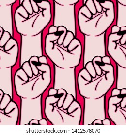 Seamless pattern with female clenched fists raised up. Gender equality, women's rights, girl power vector wallpaper.