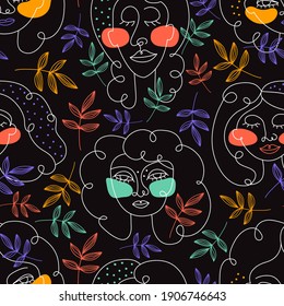 Seamless Pattern of female contemporary portraits. Painted face of a woman drawn in one continuous art line. Abstract background. Minimalist illustration in neon colors for the design of modern print