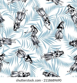 Seamless pattern of female dancing beautiful hula,