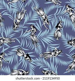 Seamless pattern of female dancing beautiful hula,