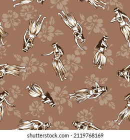 Seamless pattern of female dancing beautiful hula,