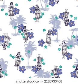 Seamless pattern of female dancing beautiful hula,
