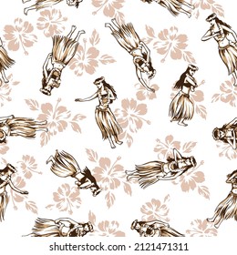 Seamless pattern of female dancing beautiful hula,