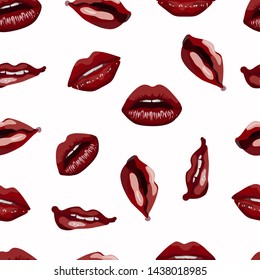 Seamless pattern of female dark red attractive lips. Lips with slightly parted teeth, lips with an open mouth, biting the lower lip, lips with a straw in the mouth on a white background. vector 