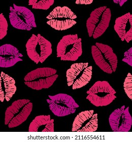 Seamless pattern with female different lipstick kiss print isolated on black background. Vector design for textile, wrapping paper, greeting cards.