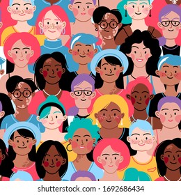 Seamless pattern. Female diverse faces of different ethnicity, different skin and different bodies