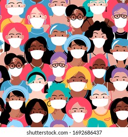 Seamless pattern. Female diverse faces of different ethnicity, different skin and different bodies, wearing medical face mask. Pandemic concept