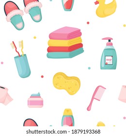 Seamless Pattern with Female Elements for Bathroom and Shower.Accessories and Cosmetics for Hygiene.Hand Drawn Beauty Objects in Cartoon Style. Cute Pattern for Design,Print,Wrapping Paper,Wallpaper.