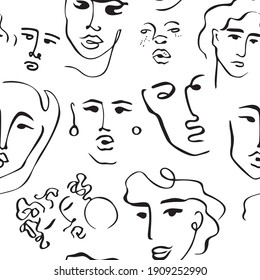 Patrón sin foco femenino frente a la línea negra aislada en blanco. Antecedentes de arte contemporáneo con retratos de mujeres de doodle de moda. Papel de escritorio, papel envolvente, tela. Ilustración vectorial de dibujos animados