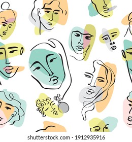 Patrón sin foco femenino frente a la línea negra aislada en blanco. Antecedentes de arte contemporáneo con retratos de mujeres de doodle de moda. Papel de escritorio, papel envolvente, tela. Ilustración vectorial de dibujos animados