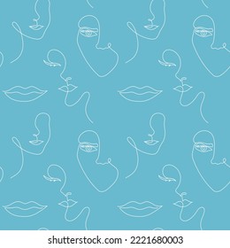 Seamless pattern with a female face and figure in the style of line art. vector illustration