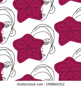 Seamless pattern female face and orchid flower, line art, bright flower