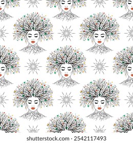 Seamless  pattern of female  face with  tree branches forming her hair, symbolizing nature and spirituality.