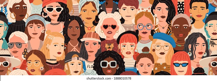 Seamless pattern with female faces. Banner with crowd of fashion and stylish modern women. Colorful repeatable background with diverse people. Diversity concept. Colored flat vector illustration