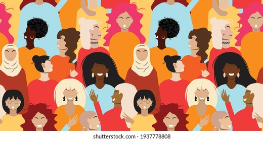Seamless pattern with female faces. Diverse people concept illustration. For textile, paper, packaging. Vector pattern.