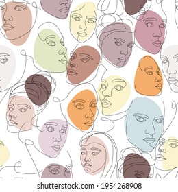 Seamless pattern of female faces drawn with one continuous line. Minimalistic abstract portraits of beautyful women. Modern fashion concept. Sketch on white background