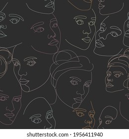 Patrón transparente de rostros femeninos dibujados con una línea continua. Retratos abstractos minimalistas de mujeres hermosas. Concepto moderno de moda. Esbozo en fondo negro