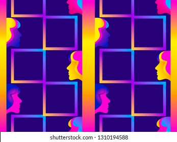 Seamless pattern of female faces with gradient. Zine culture colorful background. Futurism retrowave. Vector illustration