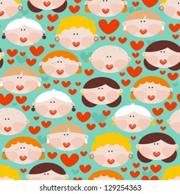 Seamless pattern with female faces and hearts. Cute vector illustration.