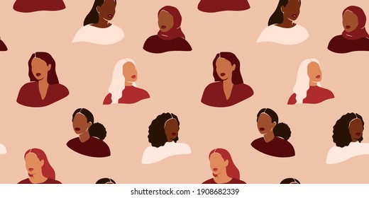 Seamless pattern with female faces in a paper cut style. Repeatable background with women of different cultures and ethnicity. Flat vector illustration