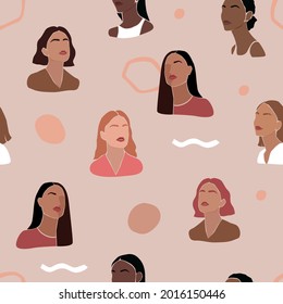 Seamless pattern with female faces. Women of different cultures and ethnicity. Flat vector illustration